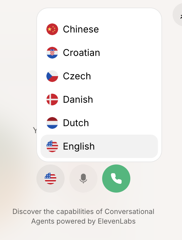 ElevenLabs language selector showing an American flag next to 'English'