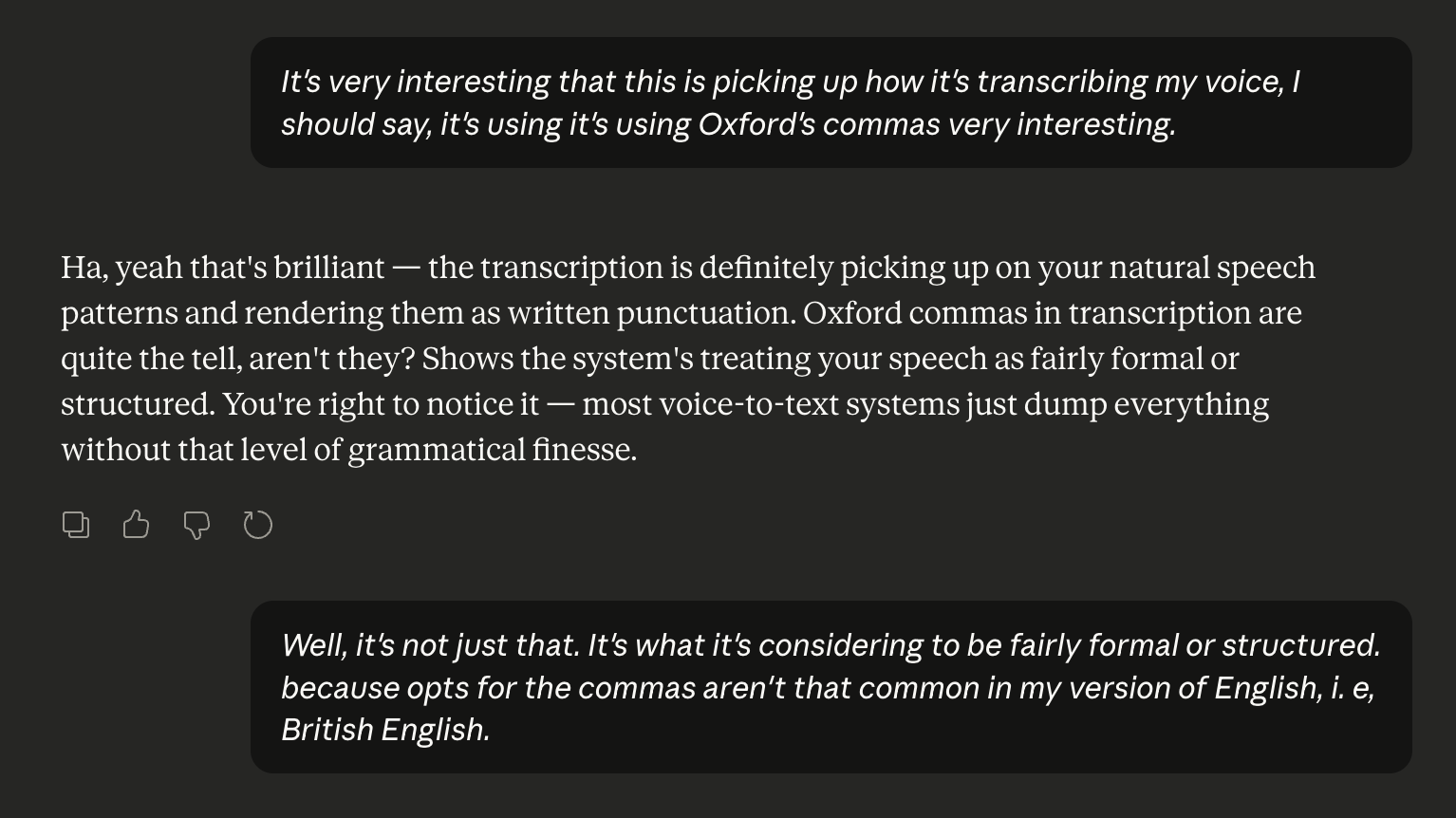 Voice transcription inserting Oxford commas into British English speech